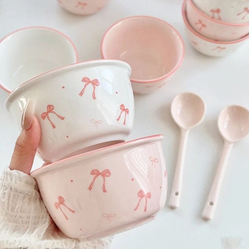Bowl and Spoon Set Cream Bow Girl Household Ceramic Underglaze Color Cute High-Value Tableware Rice Bowl Dessert Bowl
