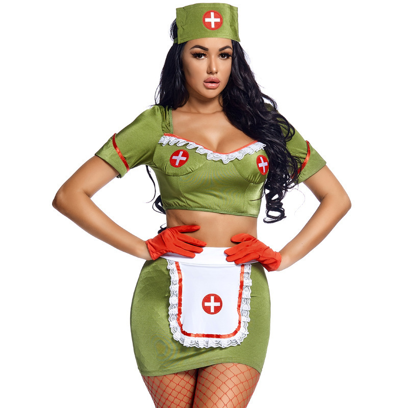 Halloween Cosplay Professional Role Nurse Costume Including Fishnet Stockings Green Split Backless Tight Short Dress