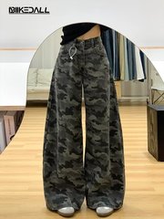 美式高街迷彩阔腿工装裤女2024冬季宽松直筒显瘦百搭拖地牛仔长裤
