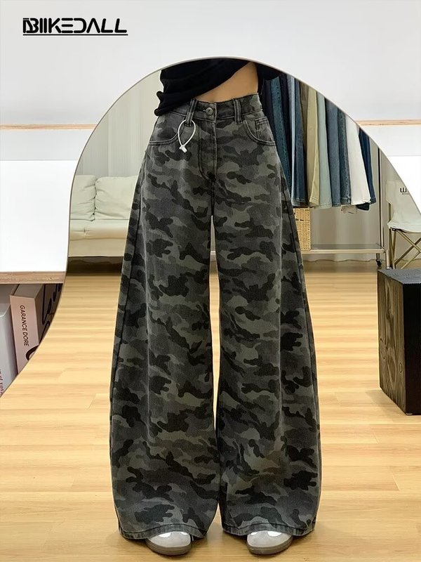American High Street Camouflage Wide-Leg Cargo Pants for Women 2024 Winter Loose Straight Slim Versatile Floor-Length Denim Trousers