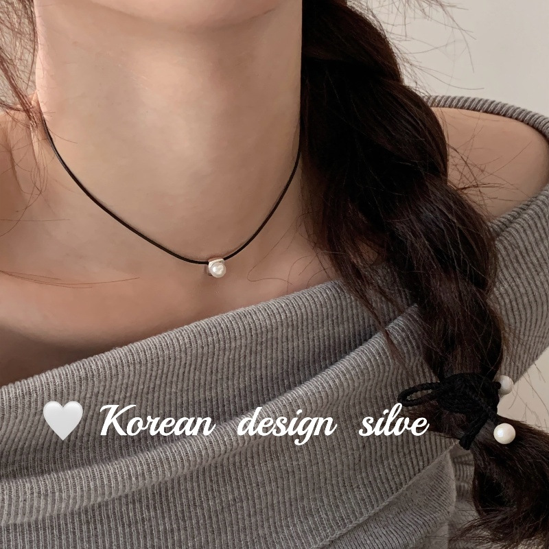 韓國ins風飾品批發 S925純銀方形珍珠皮繩項鍊簡約疊戴高級感ins