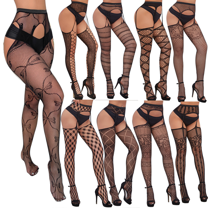 European and American popular new open crotch lace transparent sling black silk sexy fishnet stockings non-slip one-piece garter for women