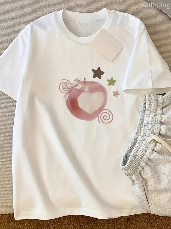 Plus-Size Tops with Red Apple Core Heart Graphics Are Suitable for Women's Casual Everyday Shirts and Aesthetic Clothing Plus-Size Tops with Red Apple Core Heart Graphics Are Suitable for Women's Casual Everyday Shirts and Aesthetic Clothing
