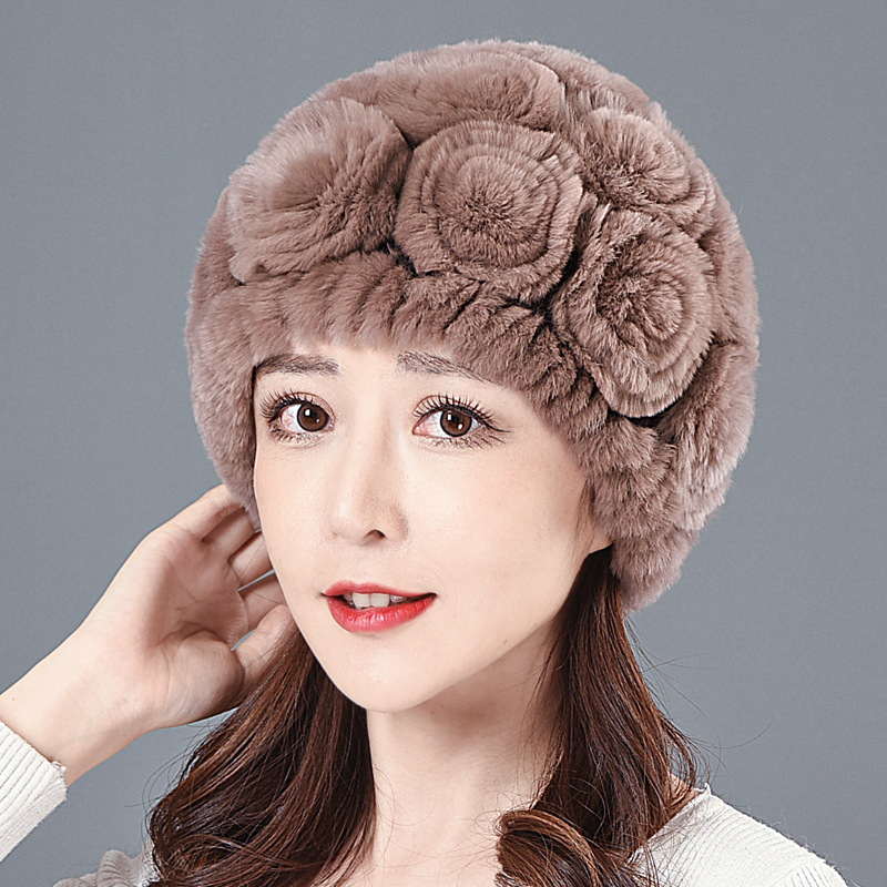 獭兔毛编织皮草帽子中老年妈妈加厚保暖玫瑰花韩版毛线帽子女冬季