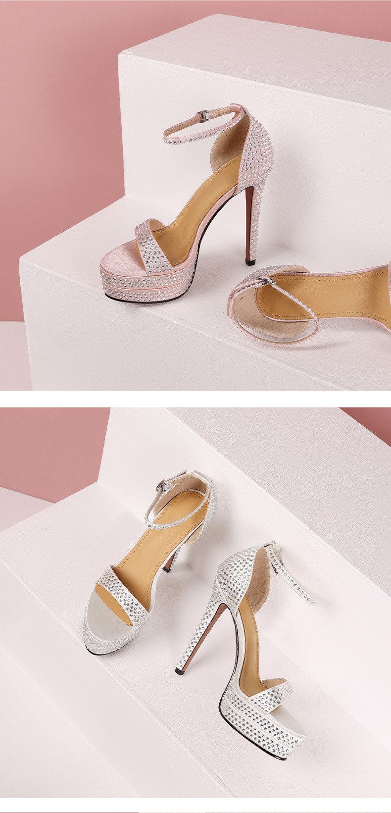 Sandal cao gót nữ đính đá phong cách châu Âu, đế dày platform, gót siêu cao 12 cm — Màu đen chi tiết 5