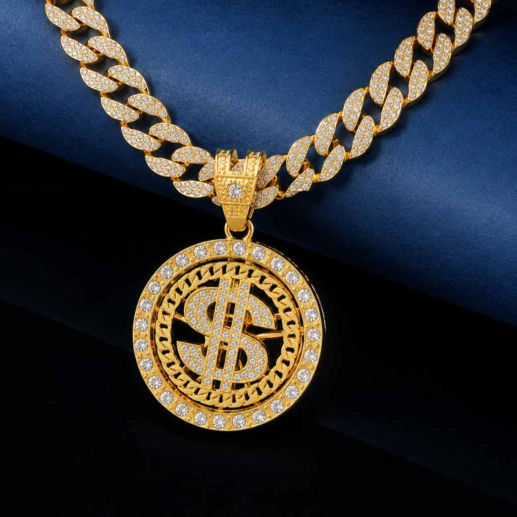 Europa y los Estados Unidos venden collares de oro de aleación Hip-Hop personalidad de moda collares de diamantes giratorios colgantes de oro joyas