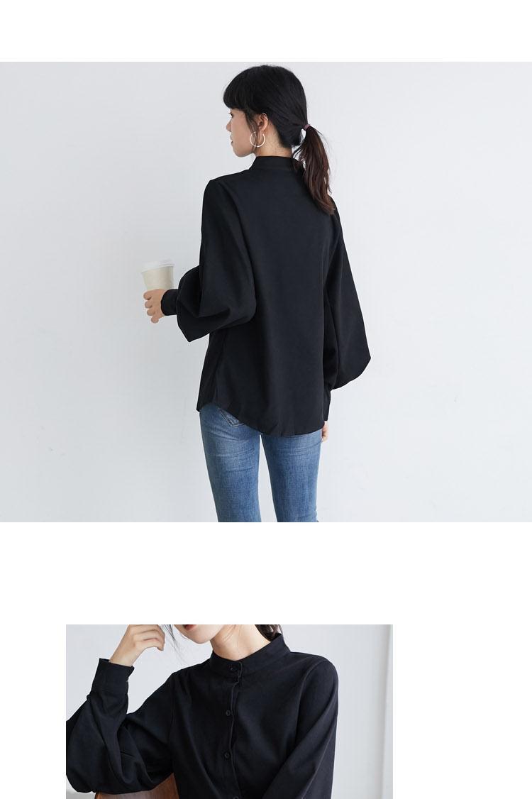 350g Weight Long Sleeve Sleeve Length Single Breasted Placket Type Bishop Sleeve Sleeve Type 80% (inclusive)-90% (Exclusive), Cotton Fabric Type Ordinary Model (50cm <Length ≤ 65cm) Top Length Cardigan, Shirt Tops Type Standing Collar Neckline Loose Fit Type Solid Color Pattern Temperament Commuter, Commute style Style Printing Craft Elegant Black Stand Collar Lantern Sleeve Shirt For Women Retro Hong Kong Style French Atmosphere Design Sense Light Maturity 5