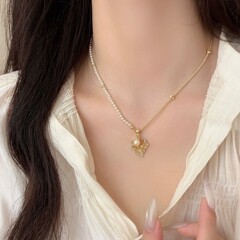 复古渐变水晶枫叶珍珠吊坠项链轻奢高级感锁骨链个性气质优雅颈链