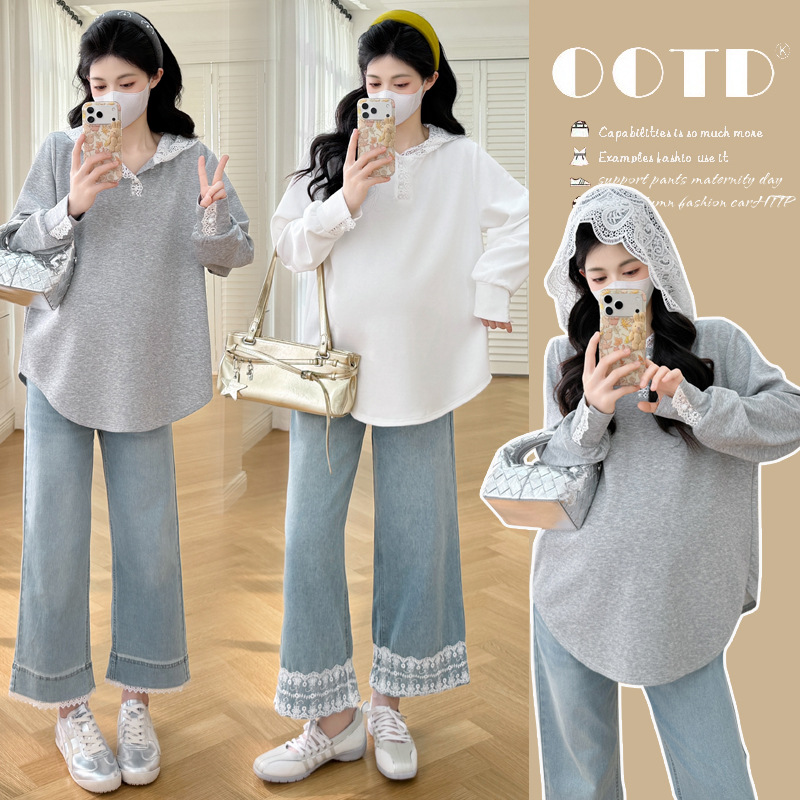 2026 Spring Maternity Embroidered Lace Patchwork Casual Top Fashionable Casual T-Shirt Loose Plus Size Base Shirt