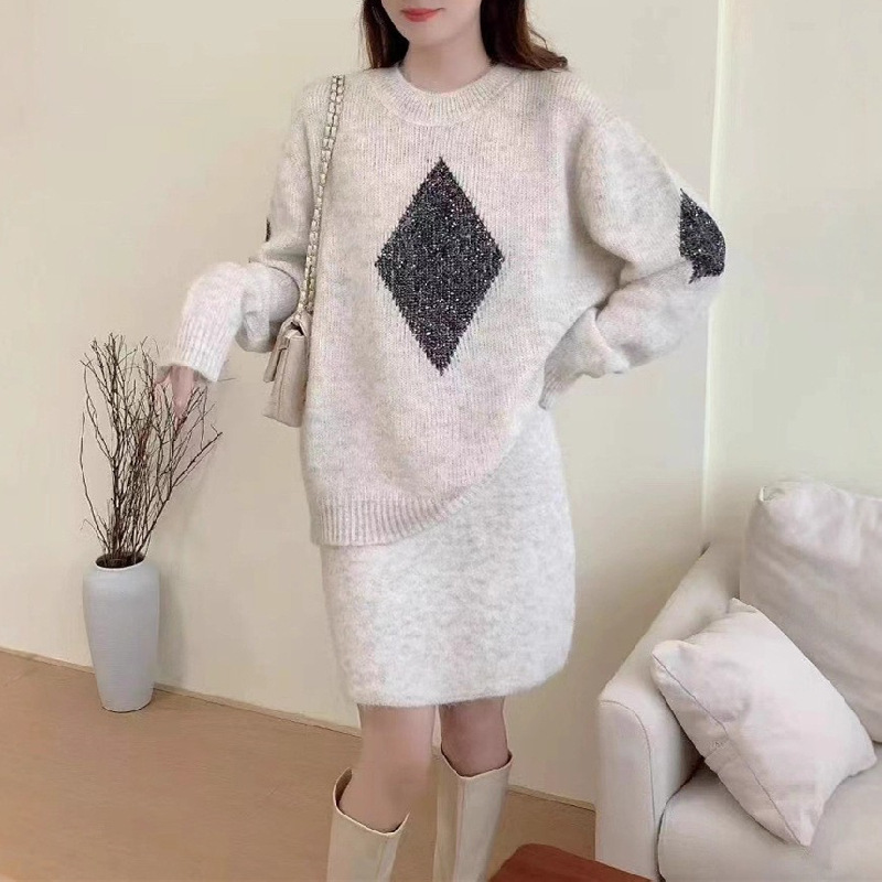 跨境早秋新款菱格圆领时尚套装女2025简约通勤短裙针织两件套毛衣|undefined