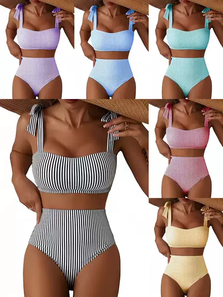 2026 New European and American Cross-Border Women's Lace-Up Two-Piece Bikini Set Striped High-Waisted Swimsuit Two-Piece Set for Women