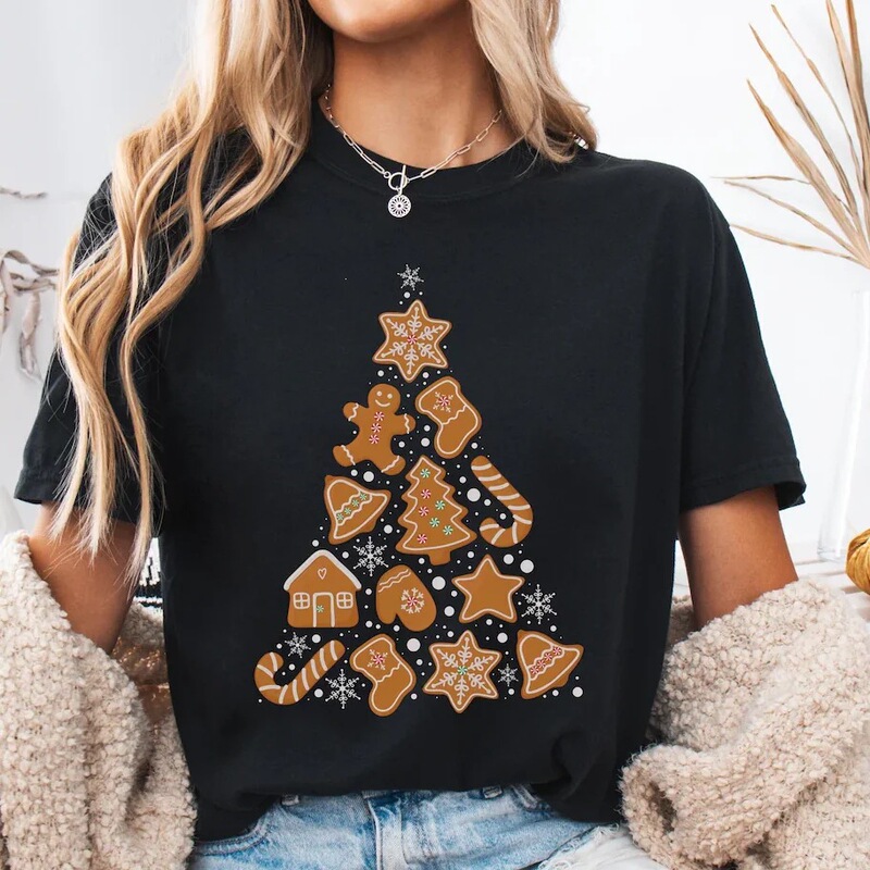 Christmas Gingerbread Shirt Short-Sleeved Round Neck Casual Top Washed Holiday Party Women's T-Shirt, Gnome Gift European and American Style Christmas Gingerbread Shirt Short-Sleeved Round Neck Casual Top Washed Holiday Party Women's T-Shirt, Gnome Gift European and American Style