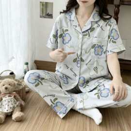 2026新款夏季睡衣女短袖长裤清新印花套装可外穿家居服两件套