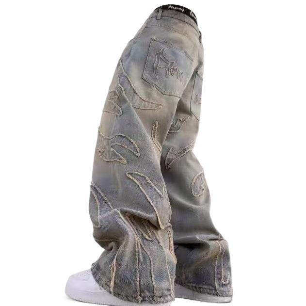 Vintage Embroidered Straight Leg Jeans For Men & Women – Relaxed Fit, Streetwear Fashion, Cotton Denim Pants (Black, Blue-Yellow)_mkmklike.com