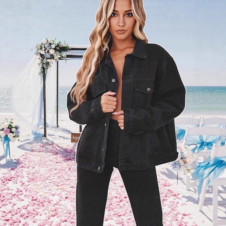 跨境欧美女装外贸新款亚马逊速卖通牛仔外套女宽松夹克长袖牛仔褂