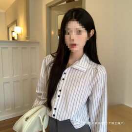 2026春季韩系蓝色条纹翻领衬衫简约宽松慵懒长袖衬衣上衣女