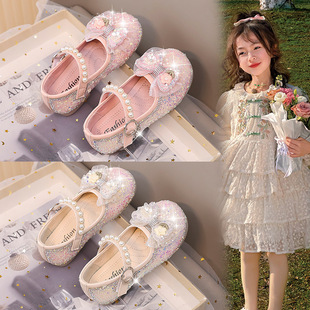 Girls' Leather Shoes Children's Soft Sole Children's Shoes 2025 Spring and Autumn New Arrival Bow Western Style Princess Shoes Little Girl's Crystal Shoes