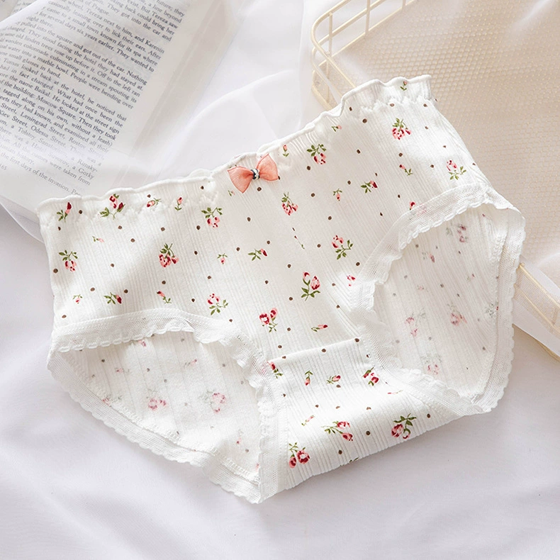 Cotton mid‑rise panties, retro floral print, cute fresh style, sizes M–XL