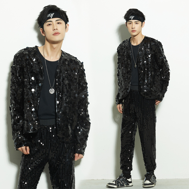 新款男团租赁服酒吧主持人男式爵士舞韩舞蹈成人亮片表演出服