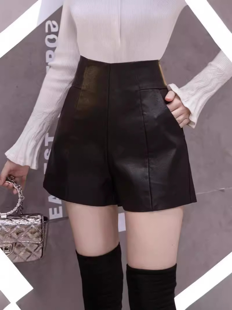 Black High Waist Leather Shorts Autumn and Winter Women's 2023 New A- word Wide Leg Pants Fashionable PU Leather Korean-style Slim Boots Pants