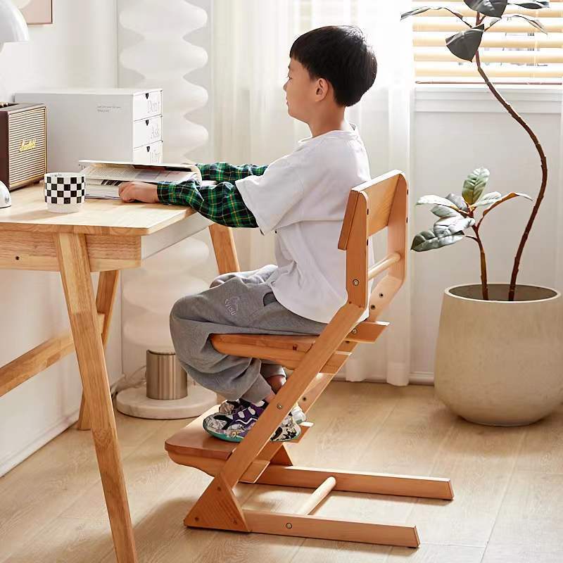 Children's Learning Chair Can Be Lifted, Solid Wood Growth Chair, Backrest Seat, Adjustable Student Writing Chair, Baby Dining Chair
