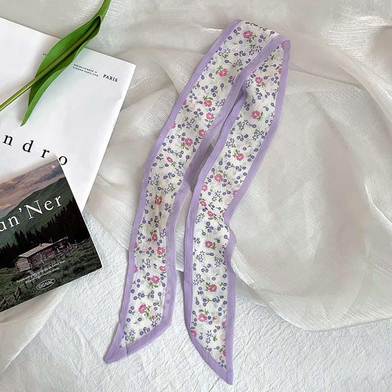 Pañuelo de seda pequeño largo francés de verano, cinturón de pelo floral pequeño, paquete de cabello trenzado, bufanda de cinta fina de gasa
