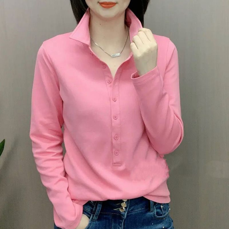 New Korean Style Long Sleeve POLO Collar Top Women's Spring and Autumn Fashion All-match Western Style Casual Slim Body Shirt