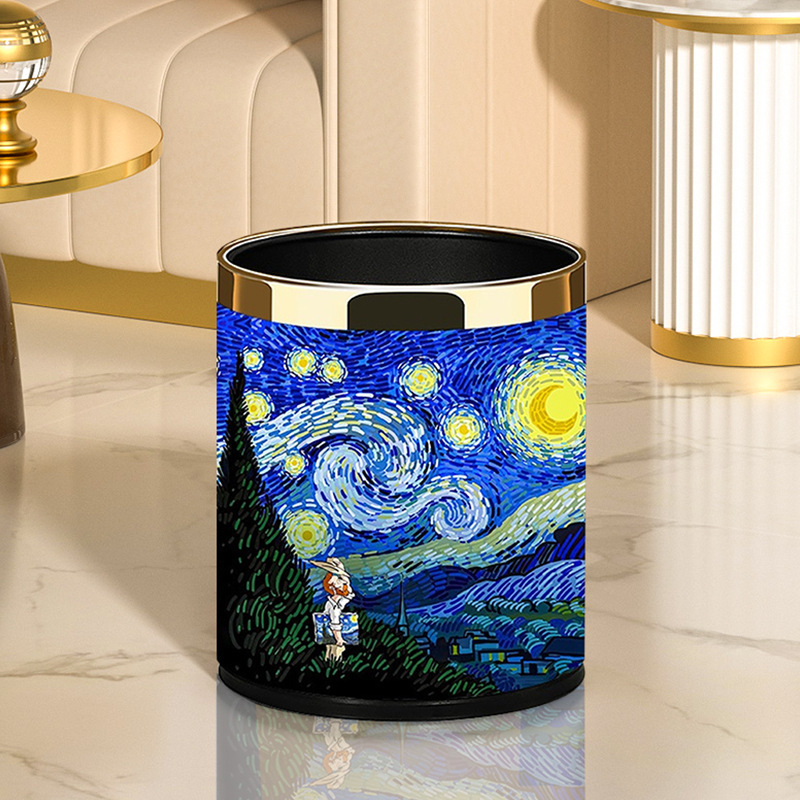 Trash can living room household light luxury art oil painting Van Gogh kitchen storage bucket double-layer high-looking sanitary bucket paper basket