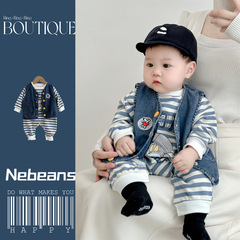 24 Spring Newborn Baby Clothes Blue Striped Cotton Soft Baby Bodysuit Crawling Suit Trendy Stylish T-shirt