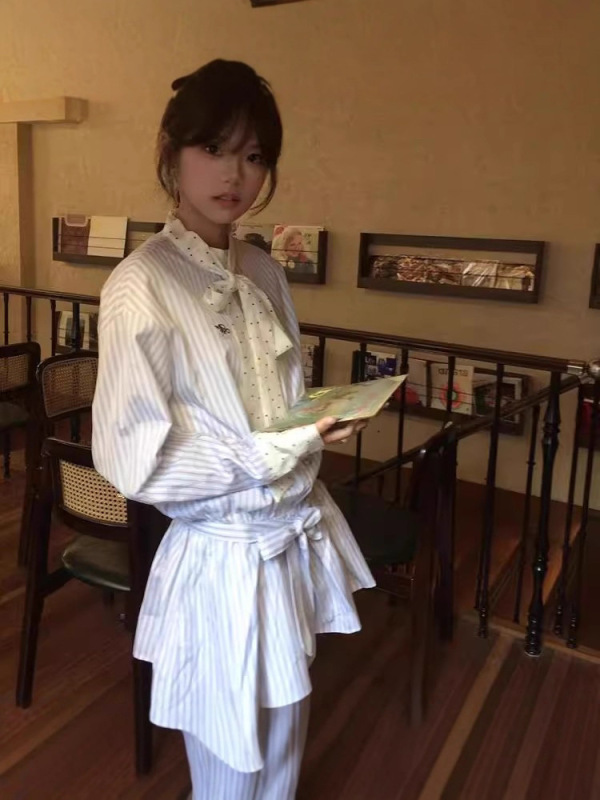 学院风蝴蝶结领带条纹衬衫连衣裙子女秋季小个子韩系穿搭高级感|undefined