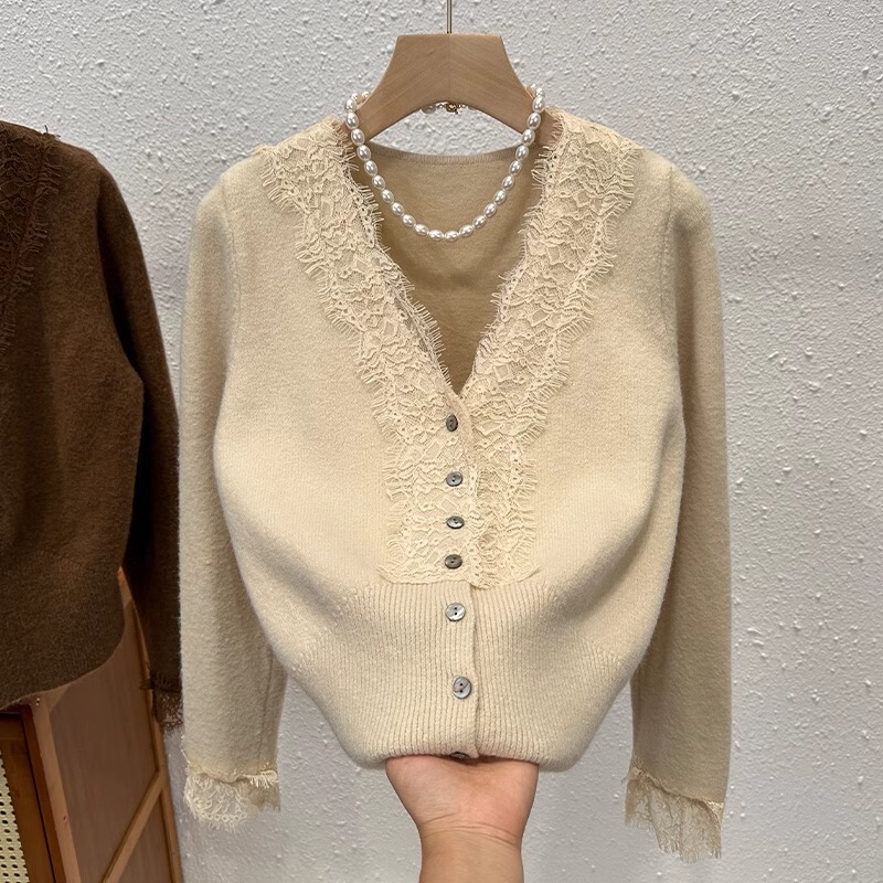 French-Style Lace V-Neck Long-Sleeve Knit Sweater for Women, Autumn and Winter Patchwork Cardigan, Gentle and Trendy Lace Cardigan