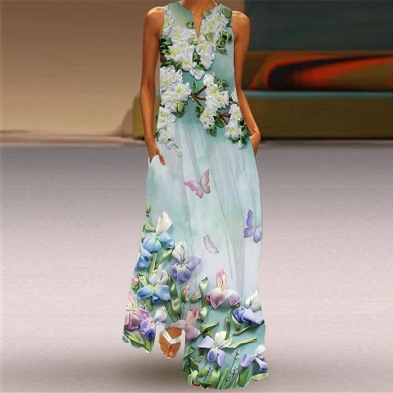 Robe longue sexy sans manches imprimée multicolore à col en V, style rétro européen et américain, collection été 2026_voghion.com