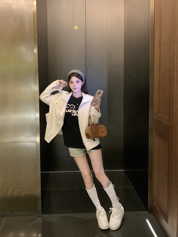 高级感麂皮绒外套女装秋季宽松百搭长袖气质短款夹克米白色上衣潮|undefined