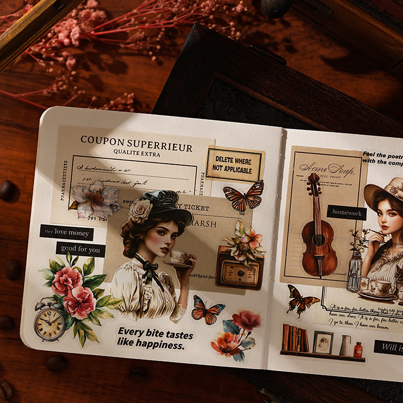 Rastreando los años fugaces, pegatinas de pet transparentes a prueba de agua, pegatinas de diario de bricolaje, pegatinas de chicas europeas retro transfronterizas