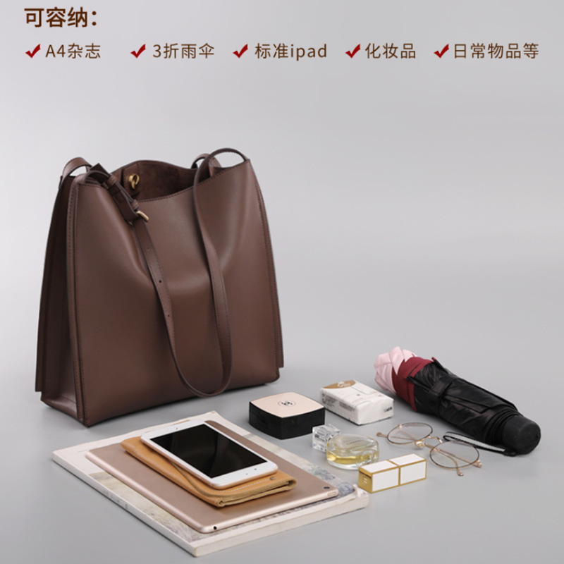 2026 Women's Genuine Leather Bucket Tote Bag, Large-Capacity Retro Commuter Crossbody - Thumbnail 4