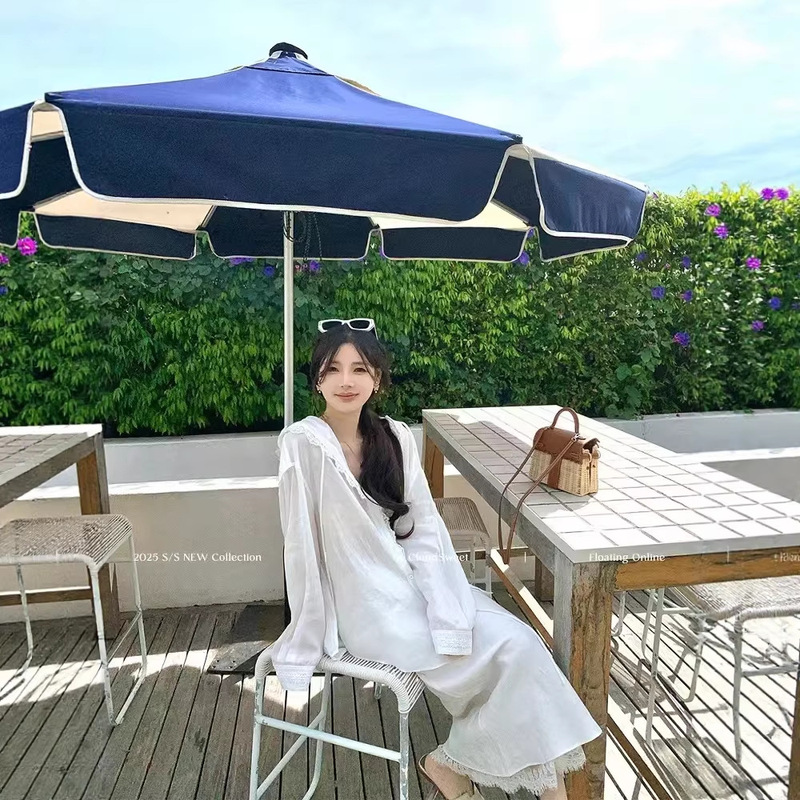 26 Spring/Summer New Korean Style Niche Fashion Loose 100% Hemp Embroidered Lace Solid Color Shirt Jacket Versatile Top