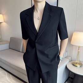 夏季薄款双开叉七分中袖西装宽松发型师短袖西服外套男士休闲潮流