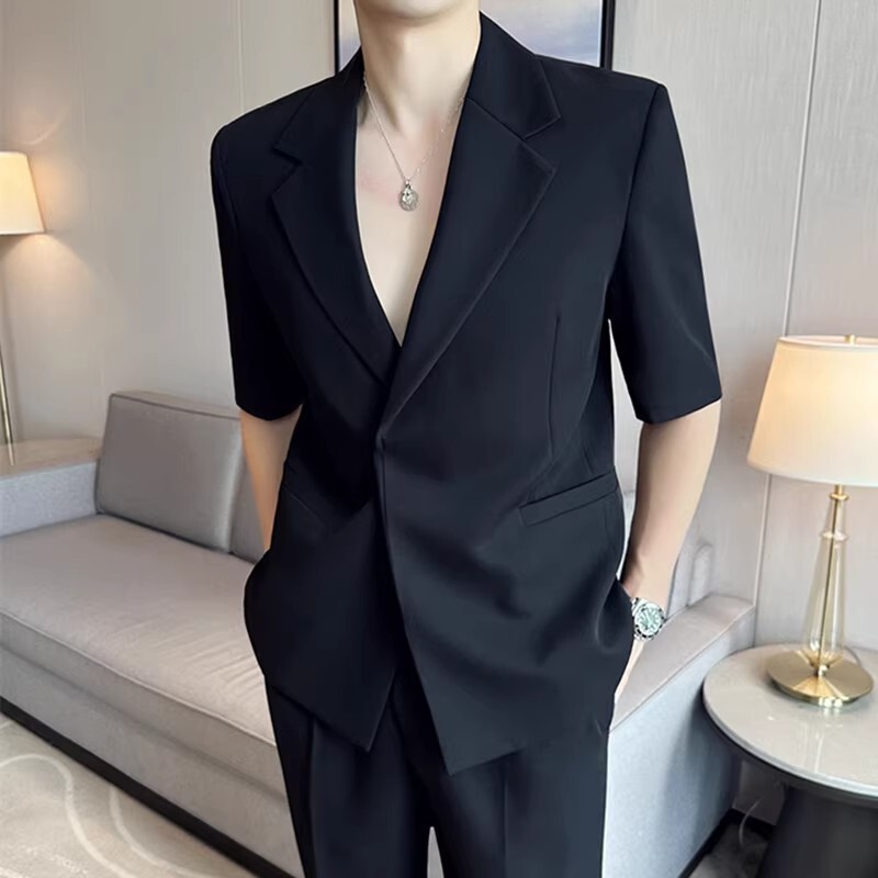 Summer Thin Double Slit Three-Quarter Sleeve Suit Loose Hairstylist Short-Sleeved Suit Jacket Men's Casual Trendy