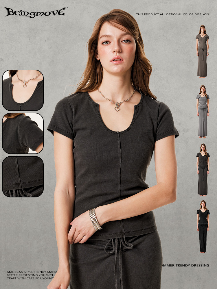 2025 verano americano marca de moda retro Kardashian elástica delgada abertura inferior de cuello U camiseta de manga corta de moda femenina image 3