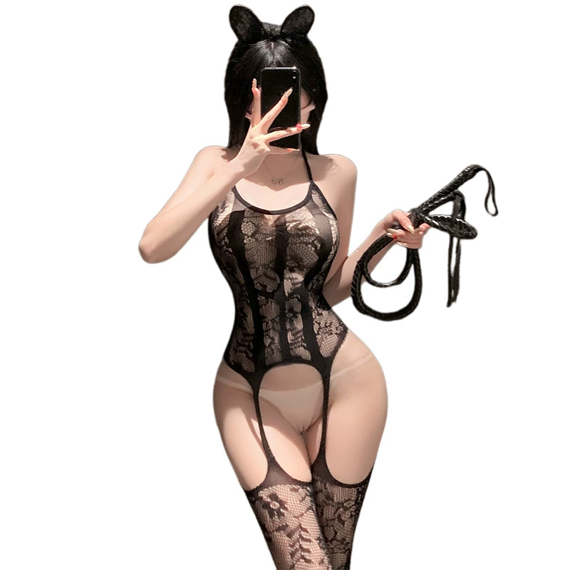 曼烟 Sexy underwear sexy hollow lace halter neck stripes open-end jacquard stockings mesh uniform 7022
