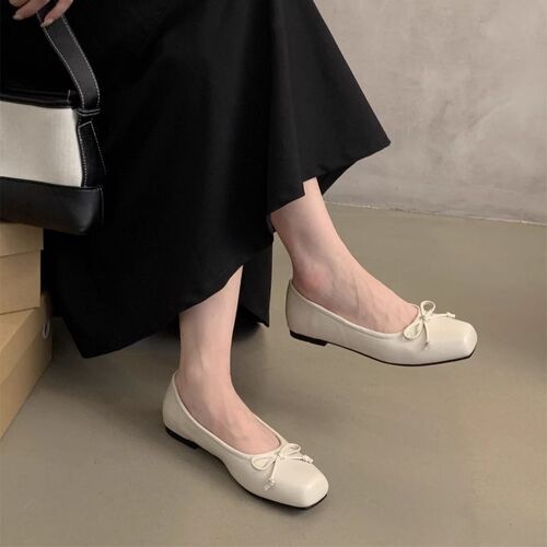 Square-toe small leather shoes, shallow mouth, bean-like shoes, 2025 new spring and autumn, gentle butterfly knot, ballerina shoes, women's single shoes