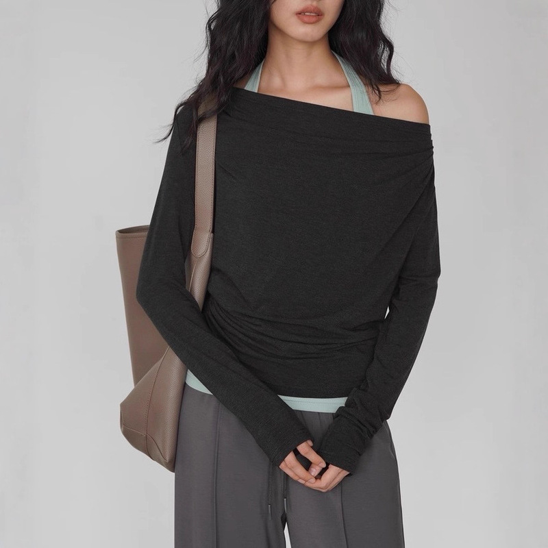 Eighthmont Sexy Style Layered Suit Gray Off-Shoulder Top + Light Green Inner Fashion Two-Piece Set