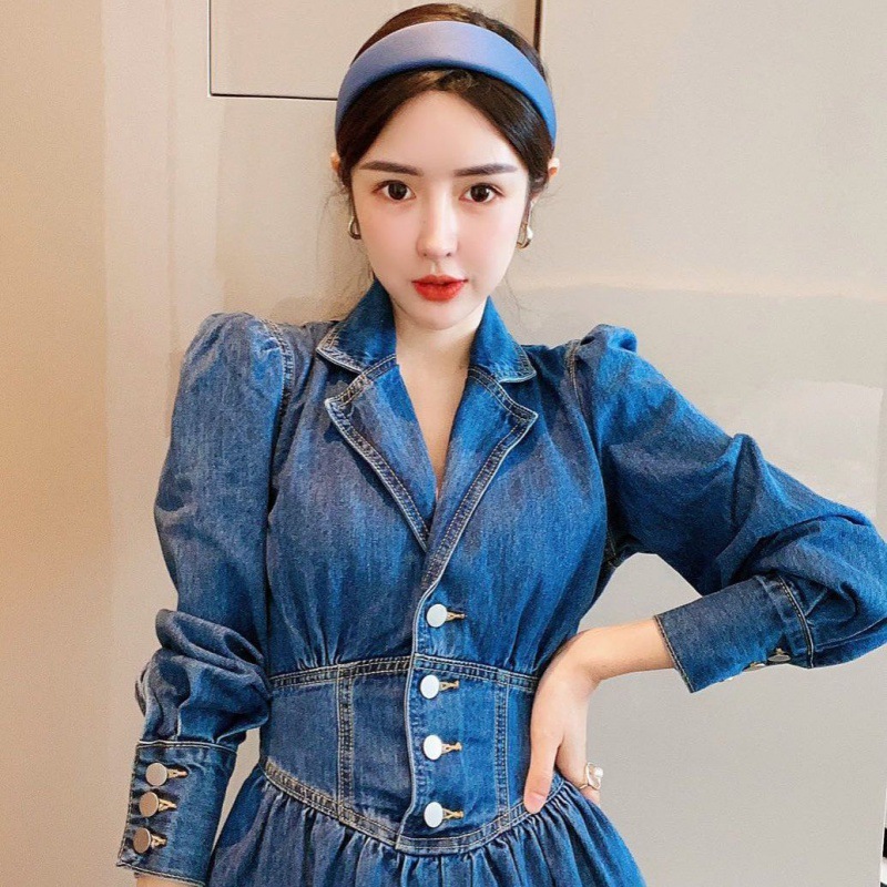 프렌치 레트로 데님 긴팔 원피스 여성용 봄과 가을 플러스 사이즈 뚱뚱한 하이 엔드 기질 허리 슬림 미디 원피스