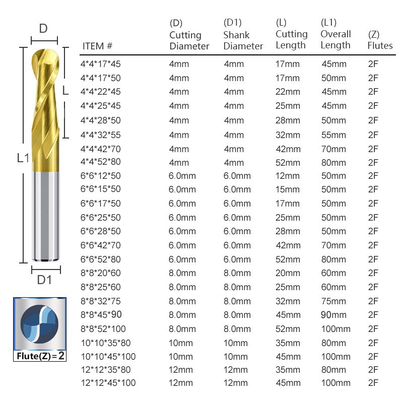 Cross-border new spiral ball end milling cutter titanium-coated 2-slot carbide milling cutter woodworking tool wholesale