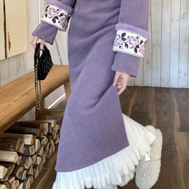 Plus Size Velvet Thickeneded Purple Cheongsam Dress Furry Cloak Shawl Suit Winter Daily New Chinoiserie Long Skirt