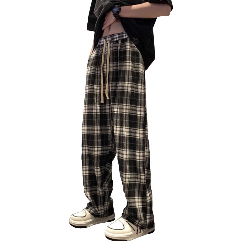 Pantalones a cuadros en blanco y negro Pantalones casuales de pierna ancha sueltos deportivos rectos con cordón retro americano Pantalones casuales para hombres
