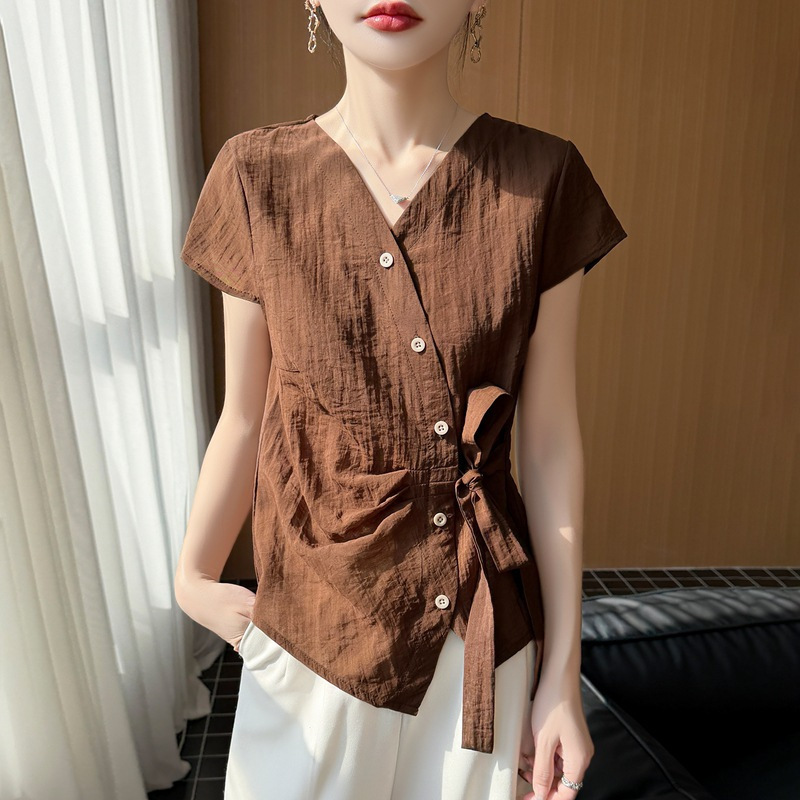 2026 Spring and Summer New Style Cross V-Neck Cardigan Women's Short-Sleeved Shirt with Waist Tie Pure Color Shirt New Top