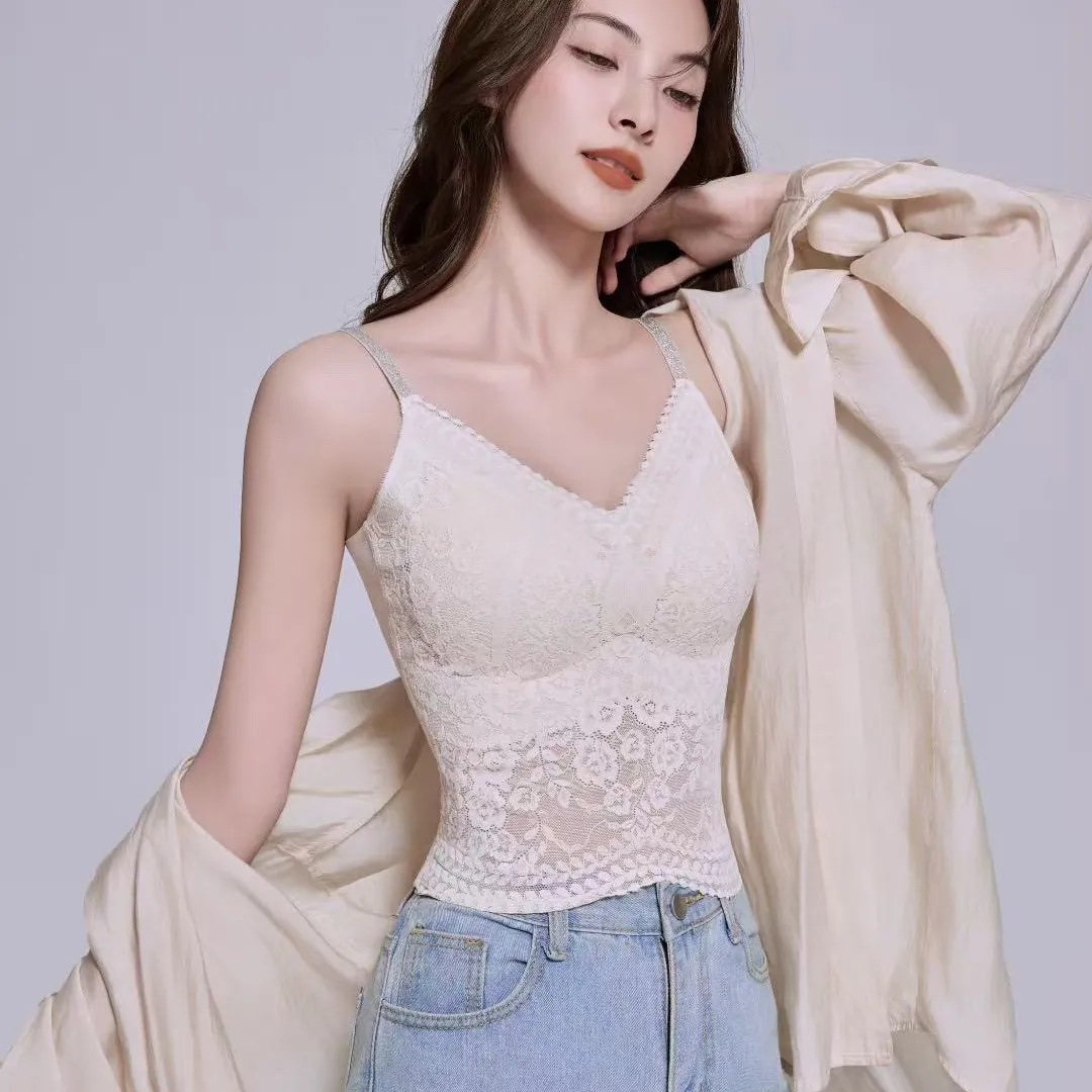 法式蕾丝吊带背心美背自带胸垫V领内衣夏季纯欲百搭白色内搭文胸