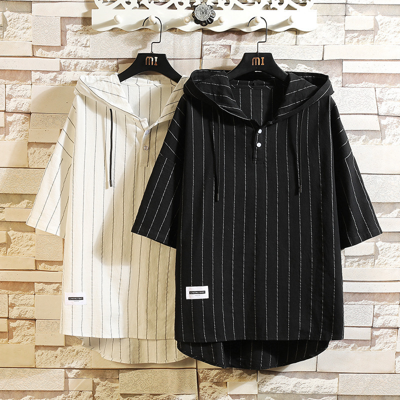 2023 Summer New Japanese Style Simple Striped Hooded T-Shirt Casual Half Sleeve T-Shirt Loose plus size 2023 Summer New Japanese Style Simple Striped Hooded T-Shirt Casual Half Sleeve T-Shirt Loose plus size