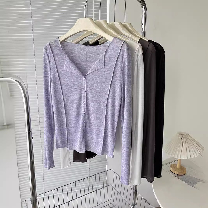 Pure Lust Style Light V Neck Long-Sleeved Sun Protection T-Shirt for Women in Summer Loose Slimming Look Knitted Versatile Top Pure Color Air-Conditioning Shirt